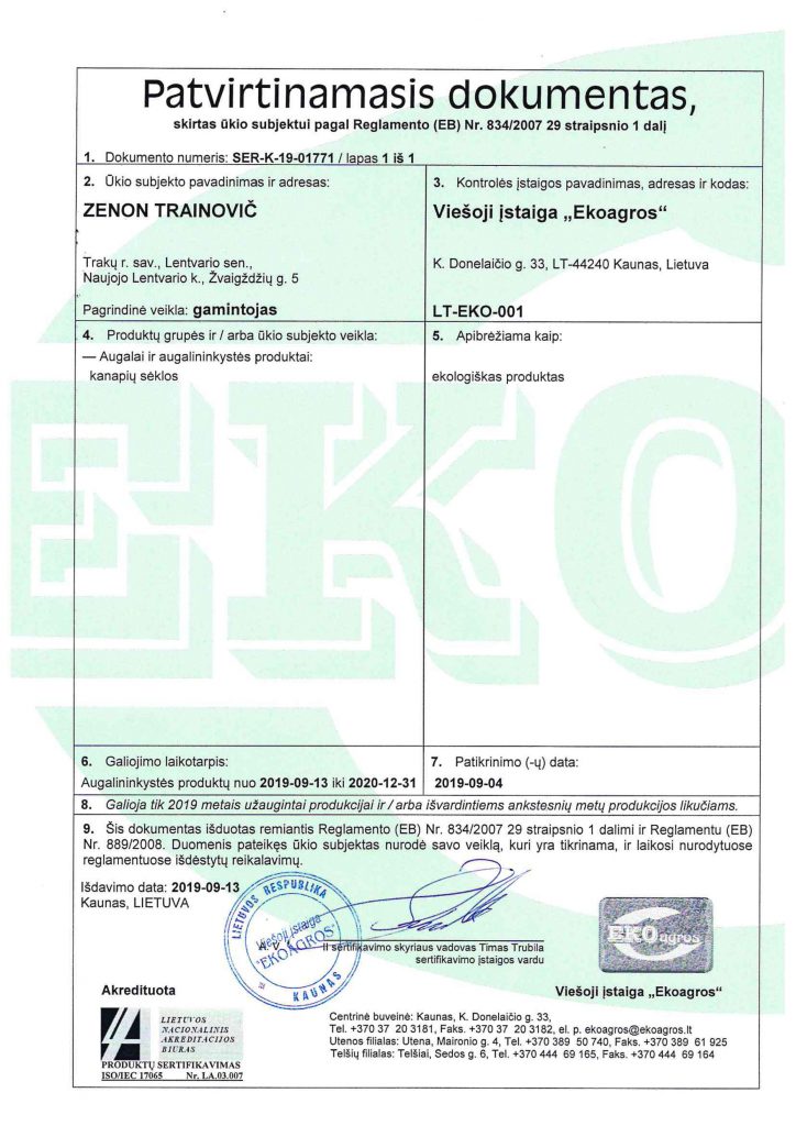 Zenon Hemp Farm legal operating certificate