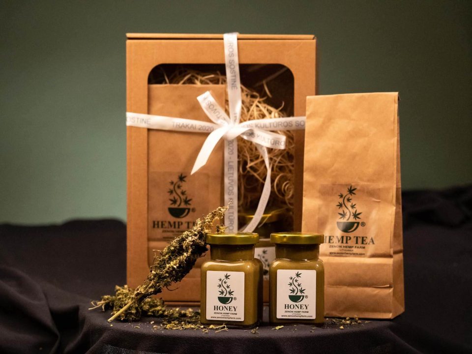 Hemp tea and hemp honey, packed in the gift box. Made on Zenon Hemp Farm