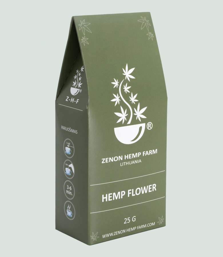 Hemp Flower tea in 25 g. pack, made on Zenon Hemp Farm. Front side of the pack