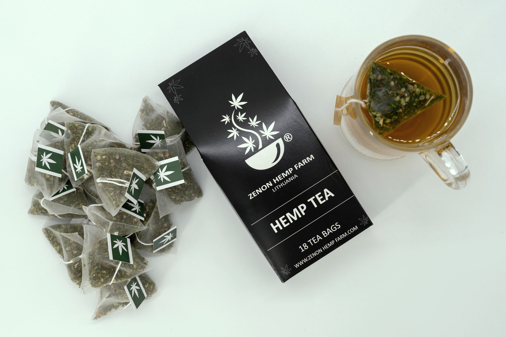 Natural plain hemp tea in pyramid tea bags, made on Zenon Hemp farm