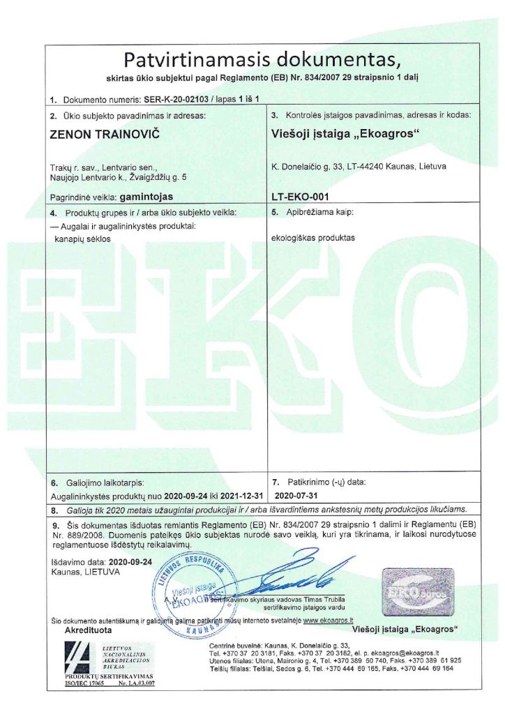 Zenon Hemp Farm organic farm certificate ECO